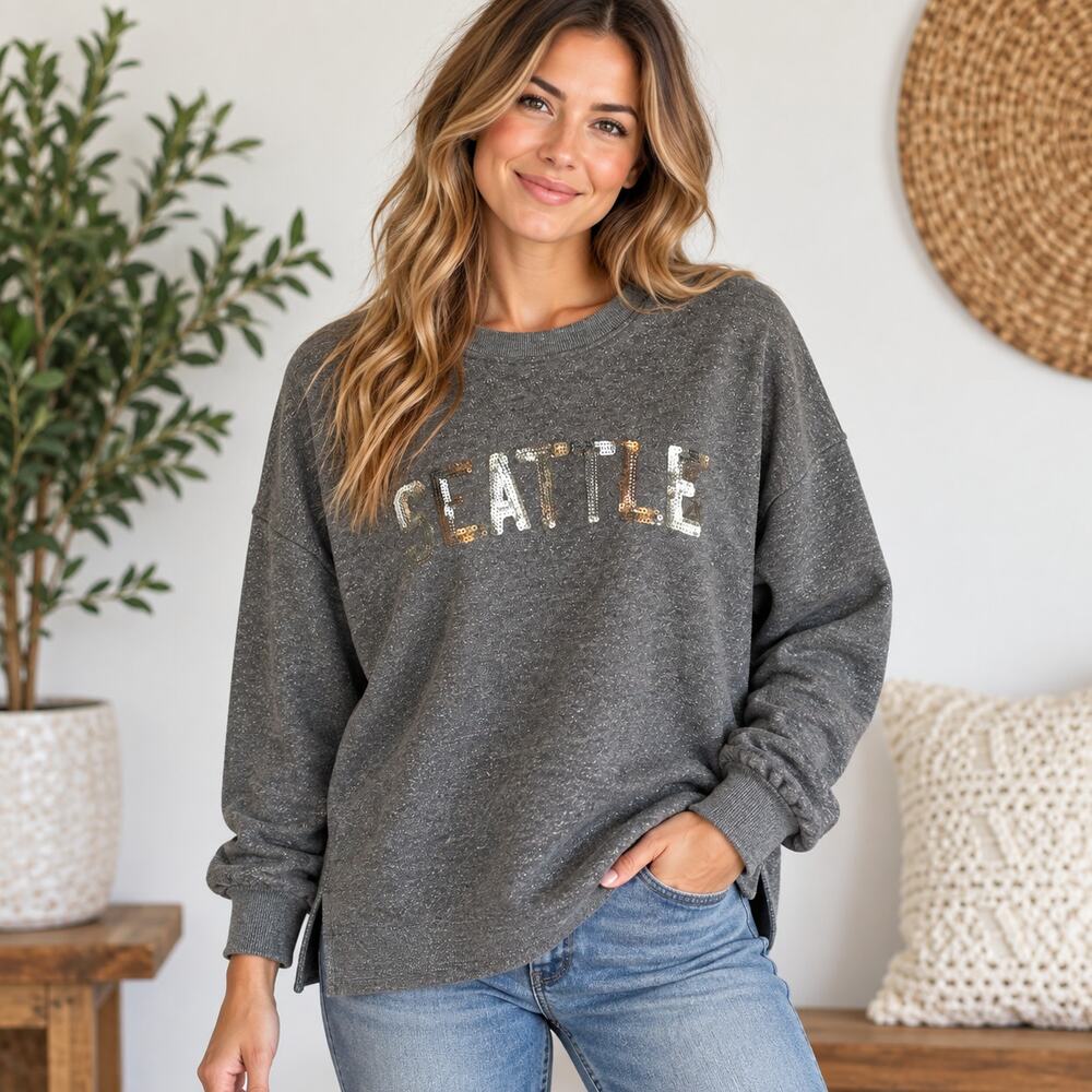 Seattle Kraken hockey grey silver sequins sweatshirt Medium